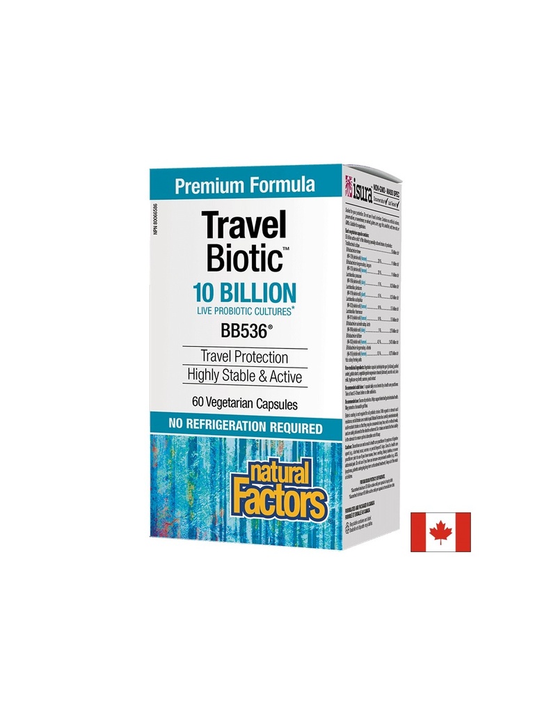 Travel Biotic™ BB536® - Пробиотик (подкрепа при далечни пътувания), 10 млрд. активни пробиотици, 60 капсули Natural Factors