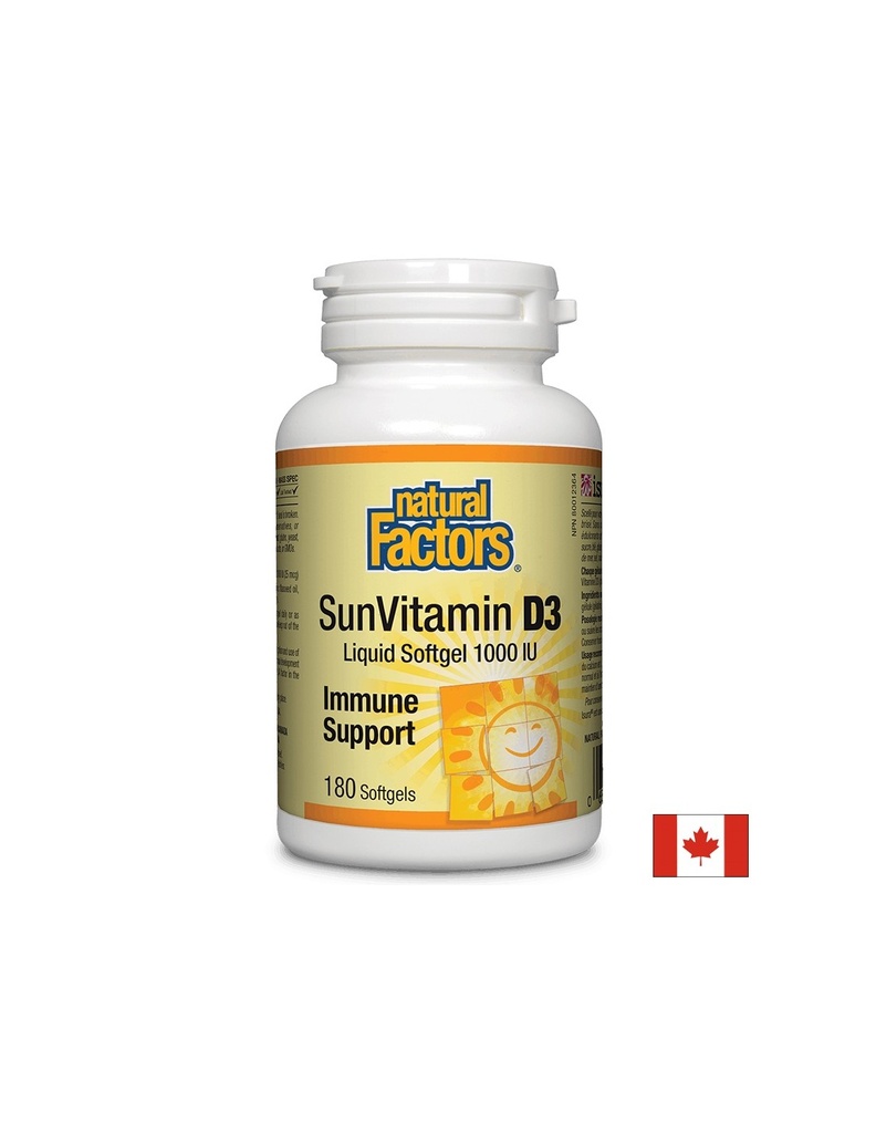 SunVitamin D3 1000 IU, Витамин D3 1000 IU, 180 софтгел капсули Natural Factors
