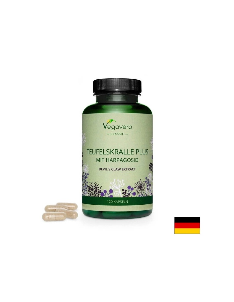Teufelskralle Plus Mit Harpagosid/ Билкова формула с дяволски нокът, бяла върба и джинджифил, 120 капсули, 100% Vegan Vegavero