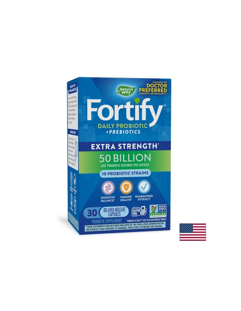 Пробиотик + пребиотици – високо дозирани - Fortify Probiotic Extra Strength, 50 млрд. активни пробиотици, 30 капсули
