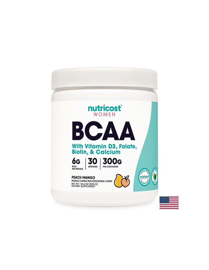 Верижно-разклонени аминокиселини BCAA + витамин D3, Фолиева киселина , биотин, калций (за жени), 300 g прах с вкус на манго