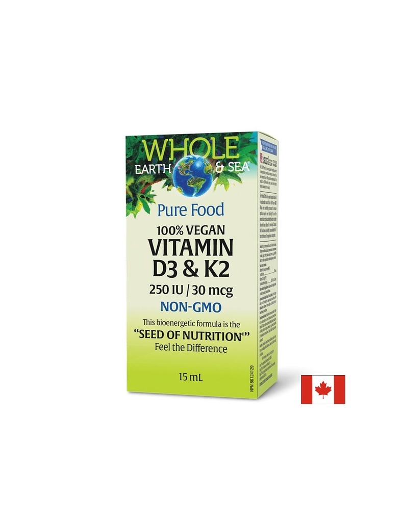Витамин D3 250 IU + K2 30 µg Whole earth and sea® - За кости, имунитет и здрави кръвоносни съдове, 15 ml капки