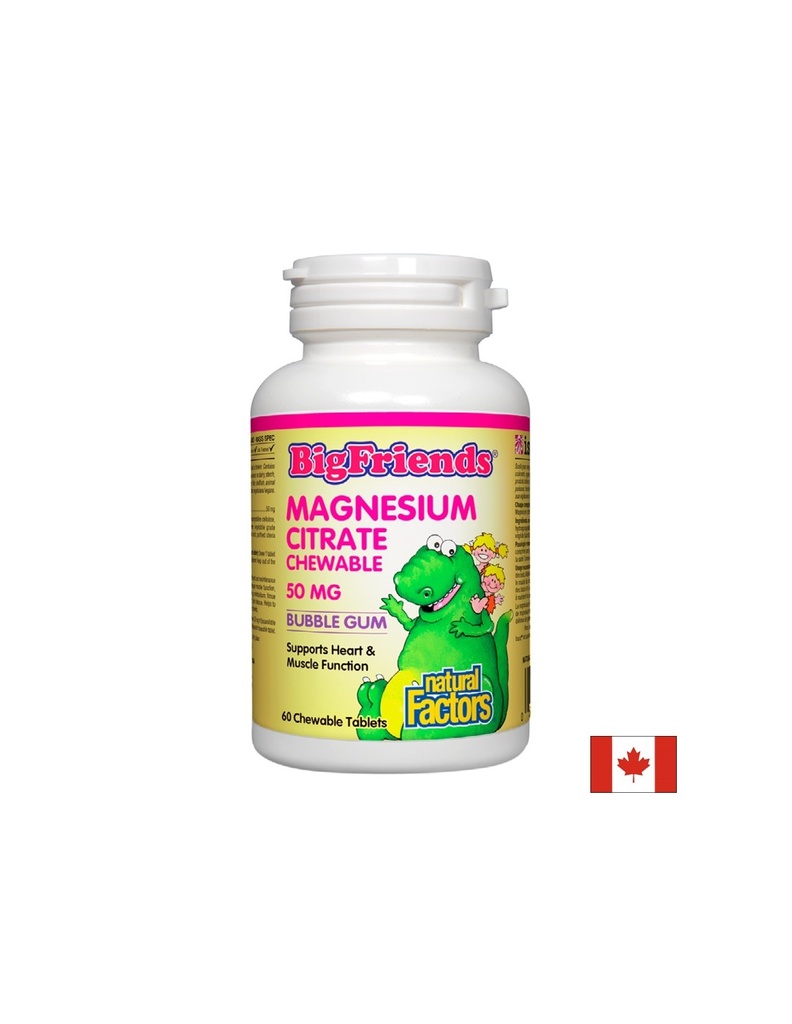 Magnesium Citrate Big Friends - Магнезий (цитрат) за деца 50 mg, 60 дъвчащи таблетки с вкус на дъвка Natural Factors