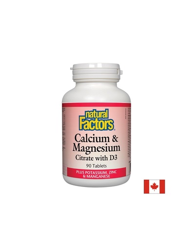 [1607 NF] Calcuim & Magnesium Citrate with D3/ Калций с Магнезий (цитрат) и Витамин D3 + Калий, Цинк и Манган х 90 таблетки Natural Factors