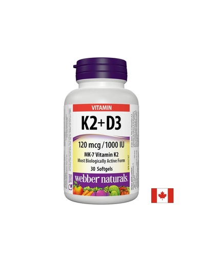 [3539 WN ST] Vitamin K2 + D3 / Витамин К2 120 µg + D3 1000 IU, 30 софтгел капсули Webber Naturals